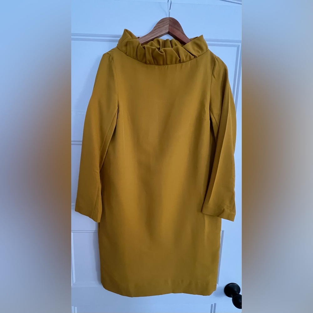 COS mustard fully lined sheath dress with ruffle neckline